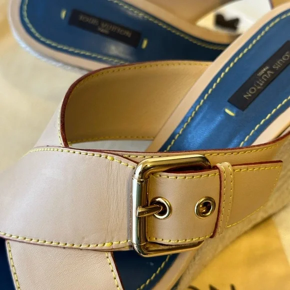 LOUIS VUITTON Denim LV Monogram Juan Les Pins Wedge Espadrille Buckle Sandals 41 - Picture 5 of 12